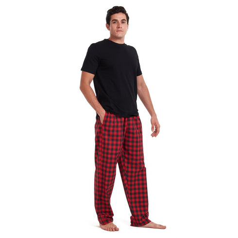 Men summer pajama set Black T-shirt +Red checkered pants